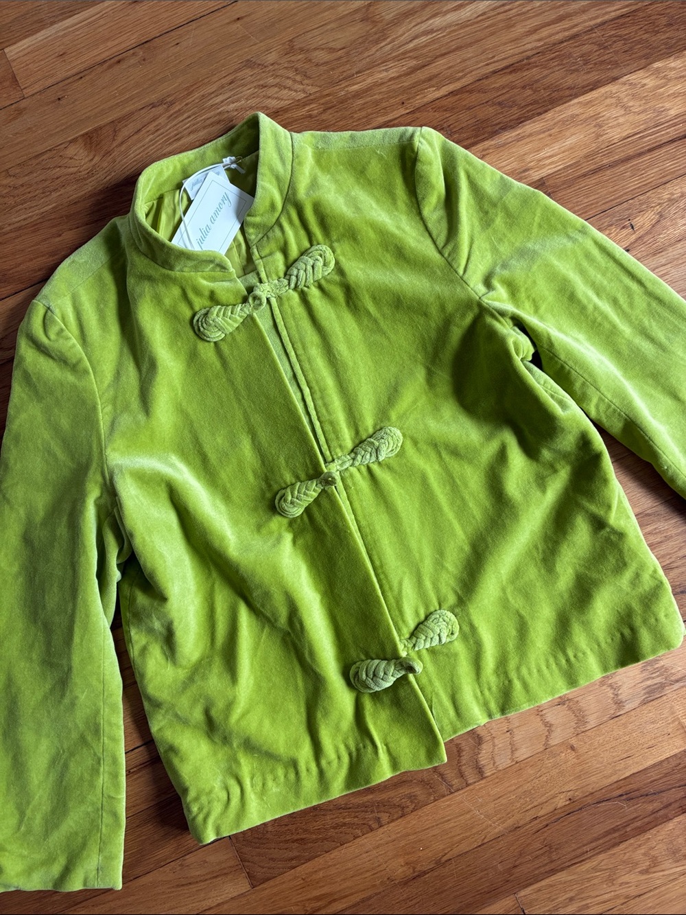 NWT Julia Amory Mandarin Velvet Jacket XS Chartreuse Knot Frog Cotton Lined
